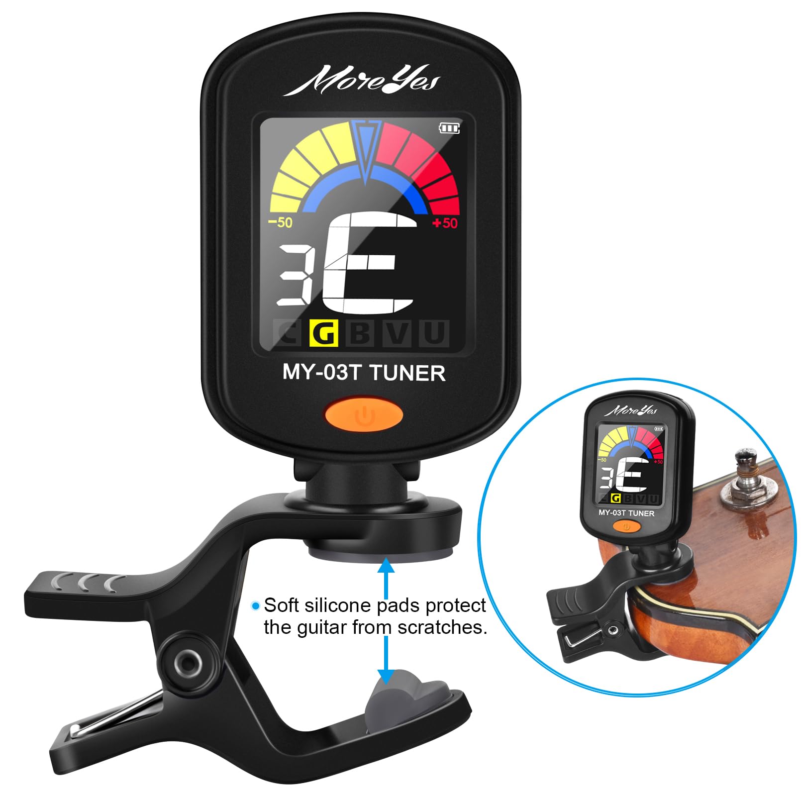 MOREYES Rechargeable Guitar Tuner Clip On with 28Pcs Guitar Picks, Guitar Tuner for Acoustic Guitar, Electric Guitar, Bass, Ukul